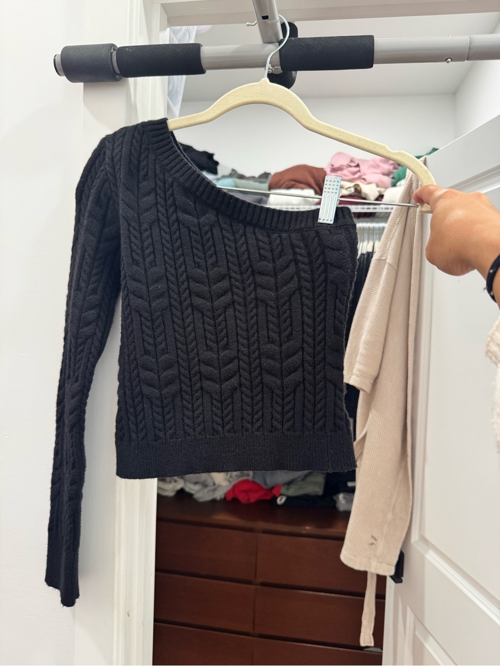 Princess Polly Black Cable One-Shoulder Knit Sweater